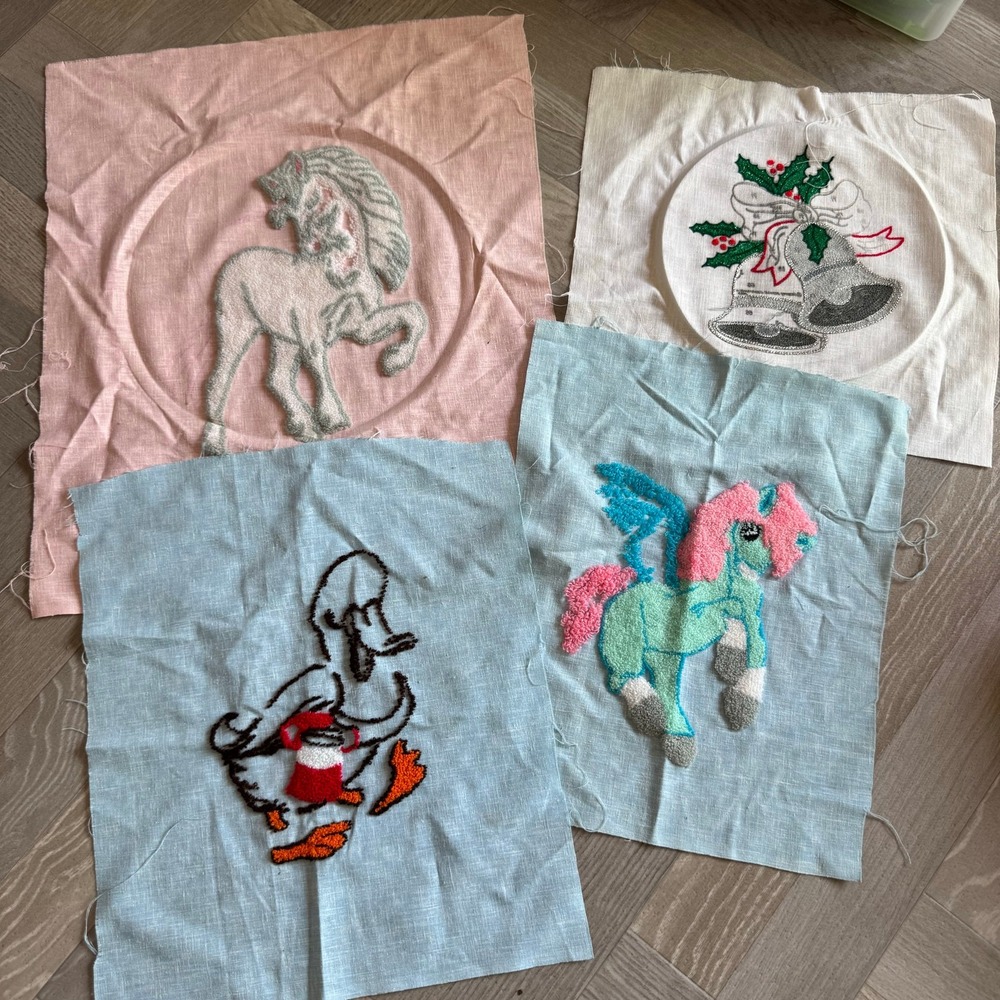 Vintage Punch Needle Art Lot 4 Pieces Horse Duck Bells Pegasus Craft Project